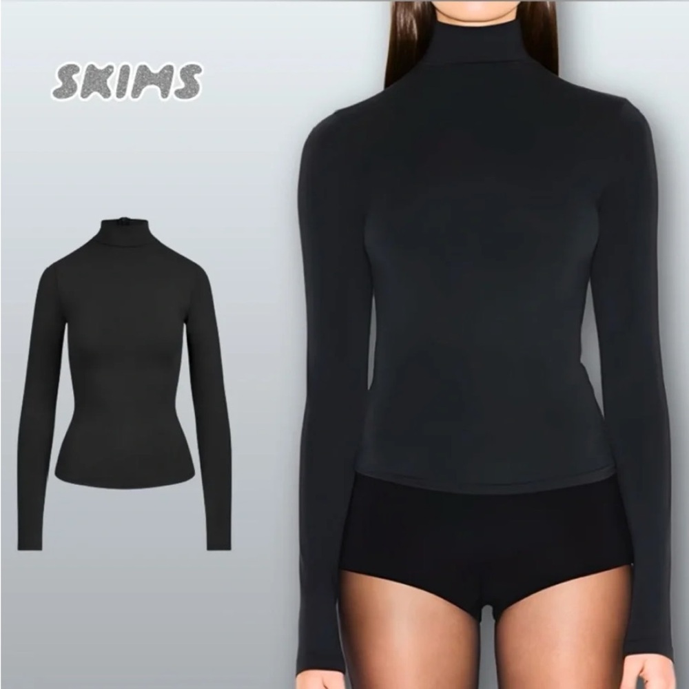 SKIMS Black Long-Sleeve Cotton Jersey Turtleneck Top Small Soot Black NWT Fitted